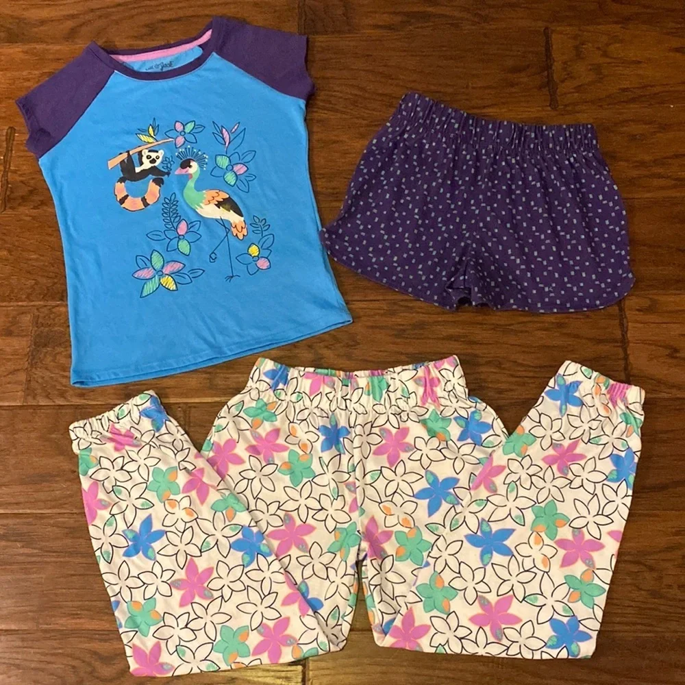 Cat & Jack pajama set shirt shorts & long pants blue purple & white floral Small